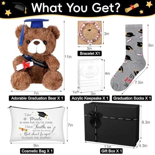Graduation Gift Set for Her 2026 Meaningful Congrats Grad Gifts with Compass Bracelet, Memory Bear, Keepsake Plaque, Socks and Makeup Bag for High School or College Graduate() view 3