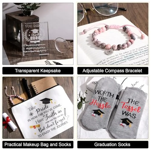 Graduation Gift Set for Her 2026 Meaningful Congrats Grad Gifts with Compass Bracelet, Memory Bear, Keepsake Plaque, Socks and Makeup Bag for High School or College Graduate() view 5