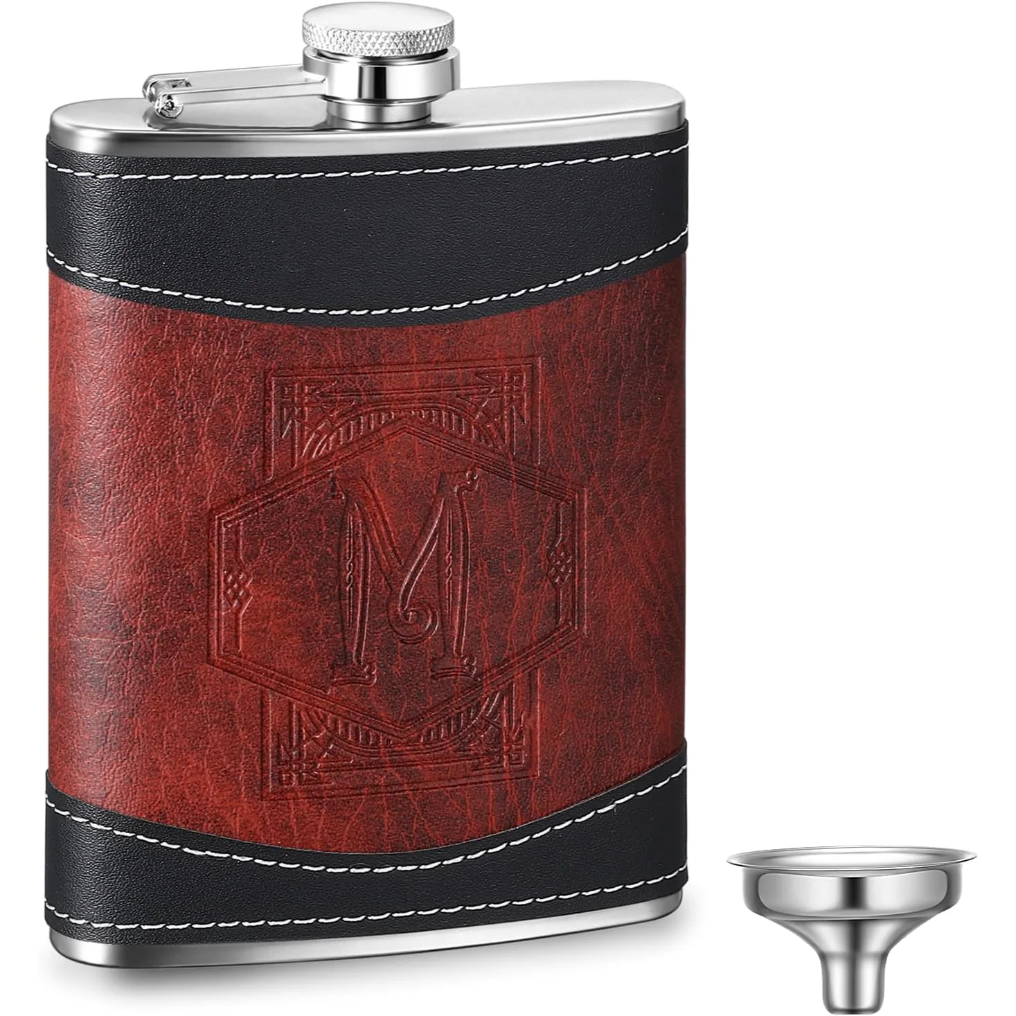 Personalized Groomsmen Flask Stainless Steel Monogram Hip Flask for Men Leather Birthday Gift for Dad Grandpa Wedding Anniversary(Letter M)