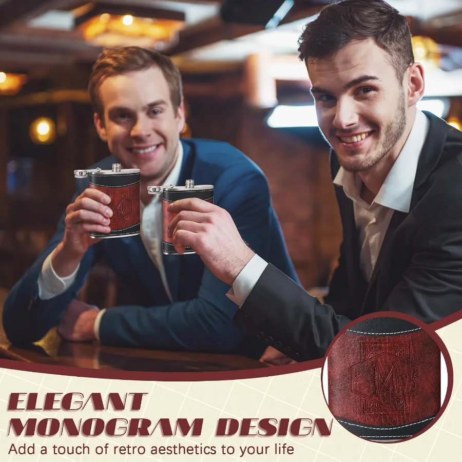 Personalized Groomsmen Flask Stainless Steel Monogram Hip Flask for Men Leather Birthday Gift for Dad Grandpa Wedding Anniversary(Letter M) view 3