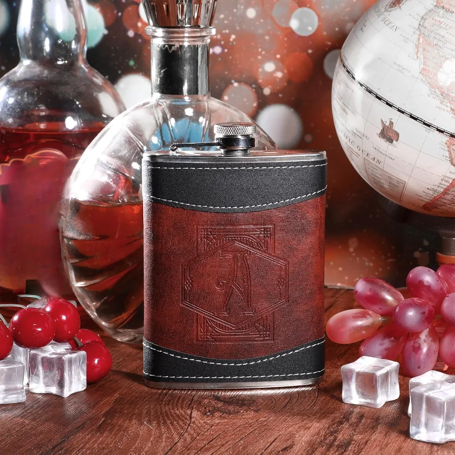 Personalized Groomsmen Flask Stainless Steel Monogram Hip Flask for Men Leather Birthday Gift for Dad Grandpa Wedding Anniversary(Letter M) view 4