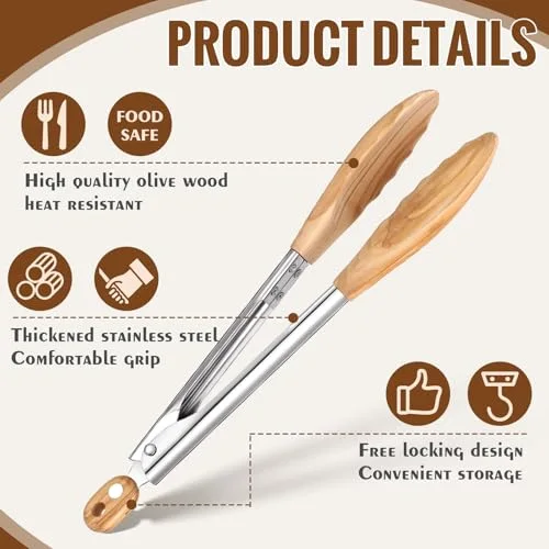 Olive Wooden Kitchen Tongs for Cooking Wooden Utensil Set Salad Tongs with Wood Tips for Serving Salad Flipping Burgers Grilling and Much More view 3