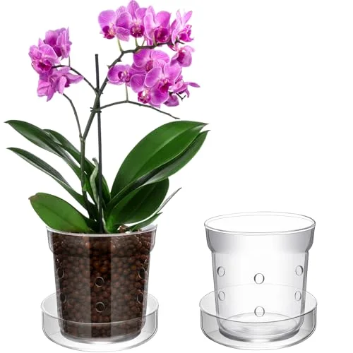 Orchid Pot with Drainage Holes and Tray Transparent Glass Pot Planter for Orchids Flower Repotting Anti Slip Glass Plant Vase for Indoor Outdoor Home Decor ()