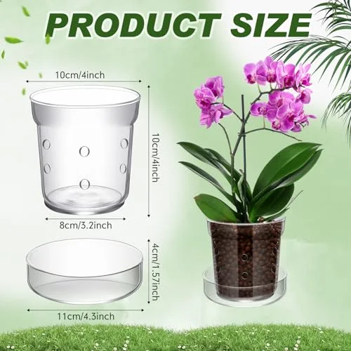 Orchid Pot with Drainage Holes and Tray Transparent Glass Pot Planter for Orchids Flower Repotting Anti Slip Glass Plant Vase for Indoor Outdoor Home Decor () view 2