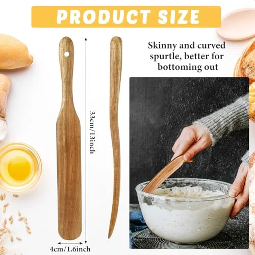 13" Acacia Wooden Spatula for Sourdough Starter, Mixing, Reaching Bottom of Jar, Dough Whisk, Long Handle Jar Spatula, Spurtle Kitchen Tool Wood Kitchen Utensil Kit for Baking, Cooking view 7