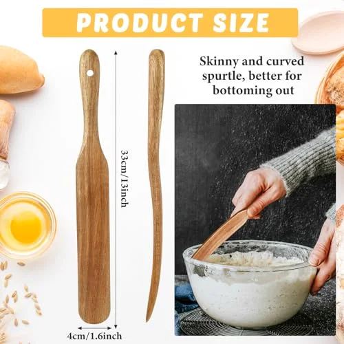 13" Acacia Wooden Spatula for Sourdough Starter, Mixing, Reaching Bottom of Jar, Dough Whisk, Long Handle Jar Spatula, Spurtle Kitchen Tool Wood Kitchen Utensil Kit for Baking, Cooking view 2