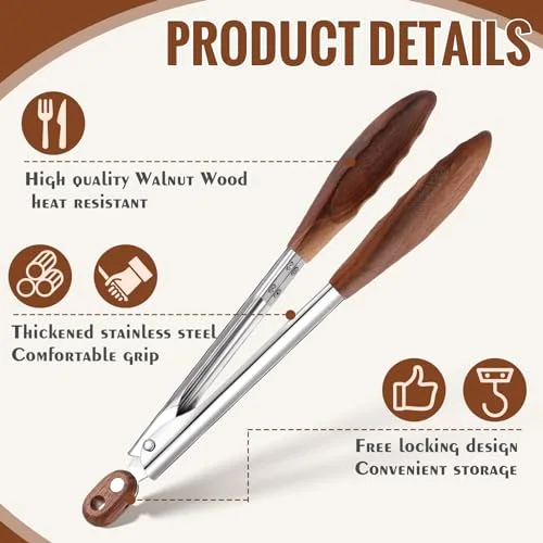 Kitchen Tongs for Cooking Wooden Utensil Set Salad Tongs with Wood Tips for Serving Salad Flipping Burgers Grilling and Much More (,Walnut Wooden) view 3