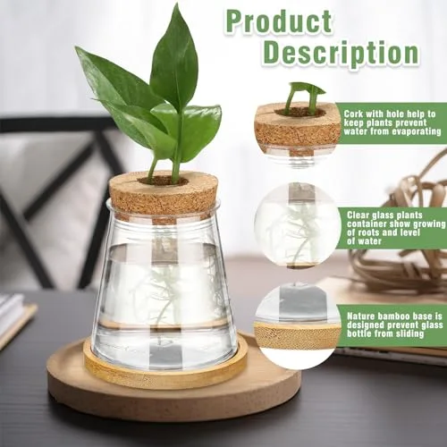 Propagation Vases for Plants Plastic Plant Propagation with Hole Lid and Bamboo Stand Growing in Water Hydroponic Home Office Desktop Vase Decoration(Classic Style) view 8