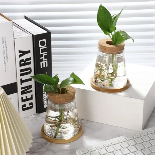 Propagation Vases for Plants Plastic Plant Propagation with Hole Lid and Bamboo Stand Growing in Water Hydroponic Home Office Desktop Vase Decoration(Classic Style) view 9