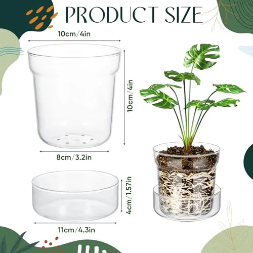 Glass Plant Pots with Saucer, Flower Nursery Plant Pots with Drainage for Flower Seed Starter Transparent Seedling () view 7