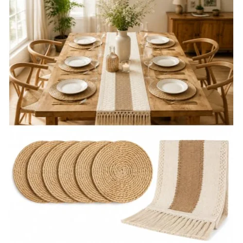 Boho Table Runner and Placemats Set of 6, 12" Wide Table Runner Round Braided Woven Placemats Handmade Rustic Wicker Place Mats for Kitchen Dining Tables Decorations Farmhouse Centerpiece view 6