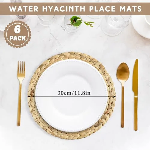 Boho Table Runner and Placemats Set of 6, 12" Wide Table Runner Round Braided Woven Placemats Handmade Rustic Wicker Place Mats for Kitchen Dining Tables Decorations Farmhouse Centerpiece view 8