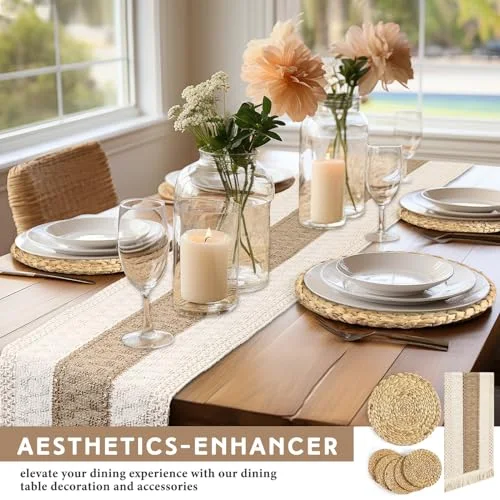 Boho Table Runner and Placemats Set of 6, 12" Wide Table Runner Round Braided Woven Placemats Handmade Rustic Wicker Place Mats for Kitchen Dining Tables Decorations Farmhouse Centerpiece view 9