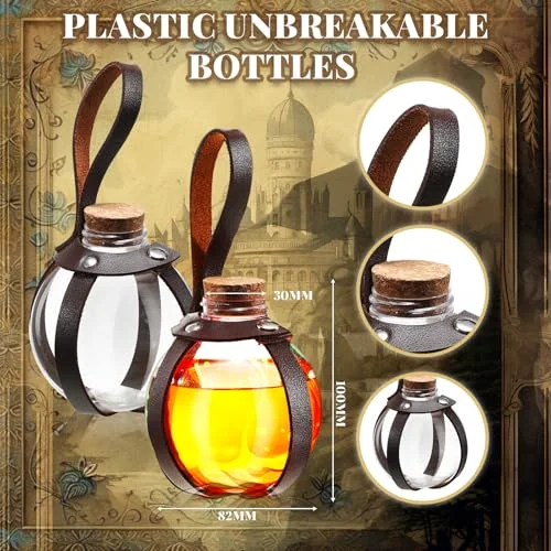 Plastic Potion Bottles with Cork Witch Cosplay Accessories Wizard Potions with Leather Belt Holder Spell Jar Witch Bottles Renaissance Accessories for Women Men Costume( Rivet) view 7