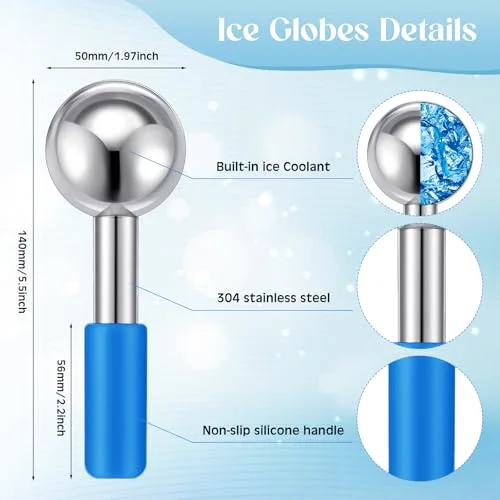 Ice Globes for Face Stainless Steel Cooling Globes Unbreakable Cooling Roller Women Ice Balls Cryo Sticks Facials Skin Care for Dark Circles, Puffiness( ( Handle)) view 2