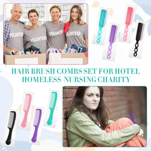 Individually Wrapped Hair Brushes Combs Set for Homeless, Detangling Brush Widen Combs for Curly Hair Suitable for Women Men Shelter Nursing Hotel Church Charity Supplies(4 Colors) view 4