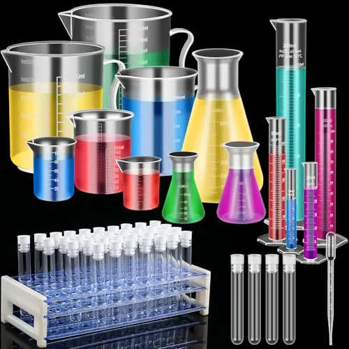 Plastic Test Tubes with Rack 5 Graduated Cylinder 6 Beakers 3 Erlenmeyer Flask 10 Plastic Transfer Pipette for Lab Party DIY