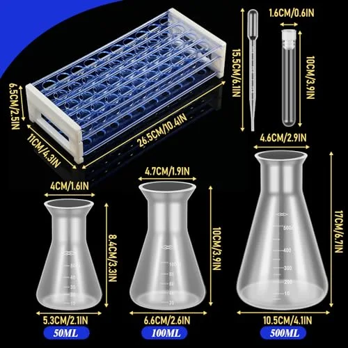 Plastic Test Tubes with Rack 5 Graduated Cylinder 6 Beakers 3 Erlenmeyer Flask 10 Plastic Transfer Pipette for Lab Party DIY view 4