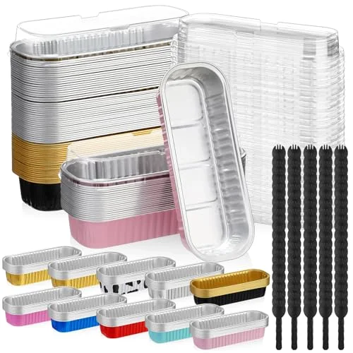 Mini Loaf Pans with Lids and Spoons Rectangular Mini Cake Pans for Baking, Disposable Aluminum Foil Baking Pan Containers for Christmas Cake Brownie Loaf Brownie Muffin