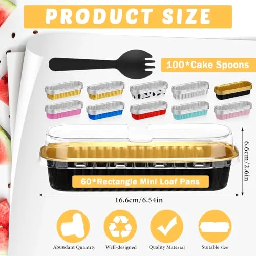 Mini Loaf Pans with Lids and Spoons Rectangular Mini Cake Pans for Baking, Disposable Aluminum Foil Baking Pan Containers for Christmas Cake Brownie Loaf Brownie Muffin view 2