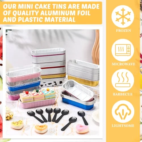 Mini Loaf Pans with Lids and Spoons Rectangular Mini Cake Pans for Baking, Disposable Aluminum Foil Baking Pan Containers for Christmas Cake Brownie Loaf Brownie Muffin view 3