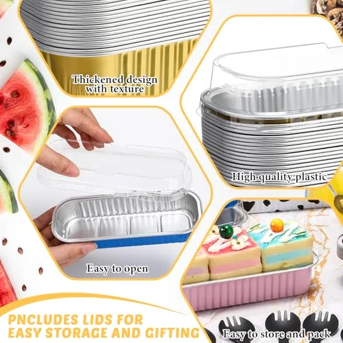 Mini Loaf Pans with Lids and Spoons Rectangular Mini Cake Pans for Baking, Disposable Aluminum Foil Baking Pan Containers for Christmas Cake Brownie Loaf Brownie Muffin view 4