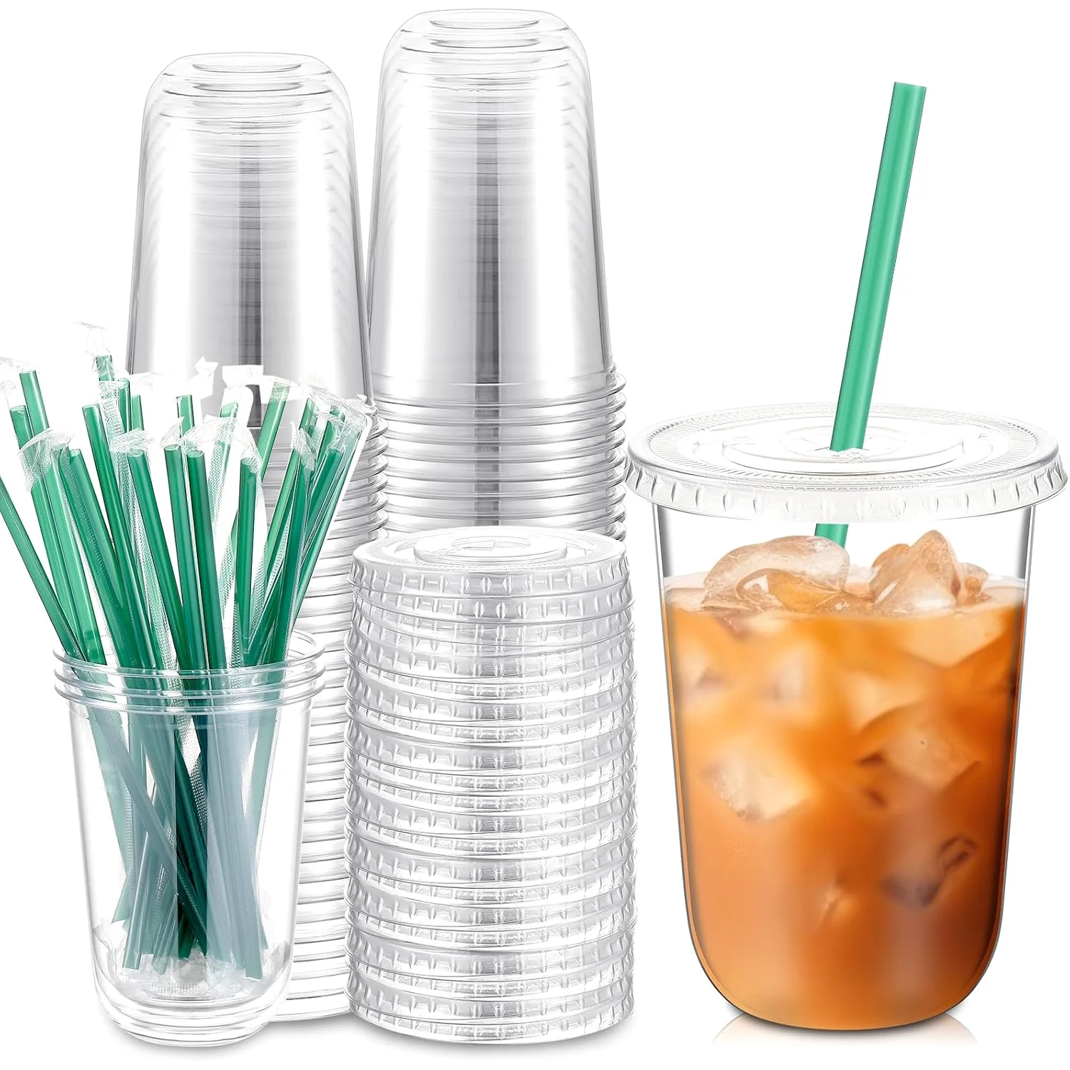 Disposable Iced Plastic Cups with Lids Straws