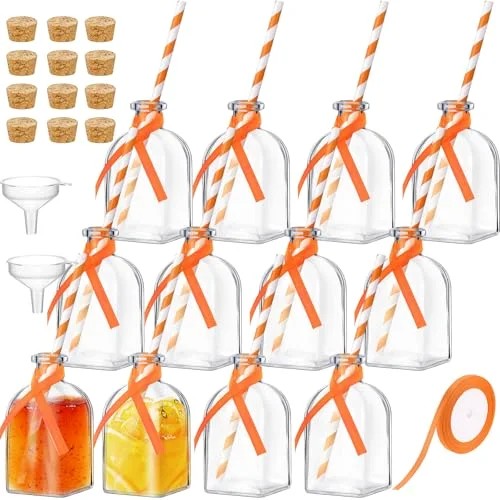 Glass Bottles with Cork and Straw Mini Empty Glass Bottle for Drinks Reusable Liquor Bottles with Silk Ribbon and Funnels for Cocktail, Wedding Party()
