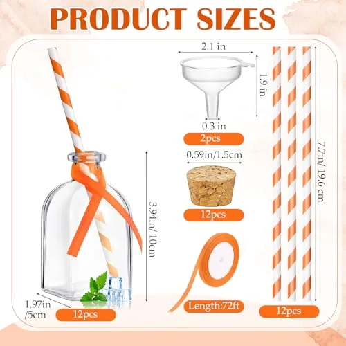 Glass Bottles with Cork and Straw Mini Empty Glass Bottle for Drinks Reusable Liquor Bottles with Silk Ribbon and Funnels for Cocktail, Wedding Party() view 2