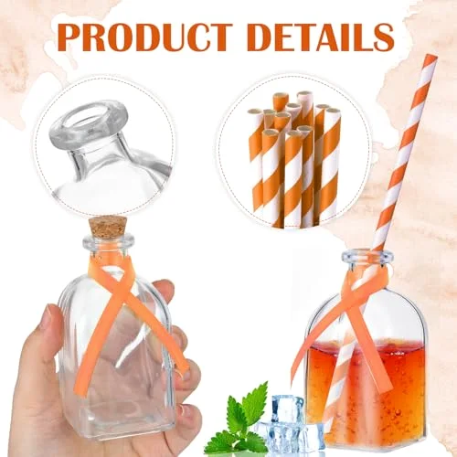 Glass Bottles with Cork and Straw Mini Empty Glass Bottle for Drinks Reusable Liquor Bottles with Silk Ribbon and Funnels for Cocktail, Wedding Party() view 3