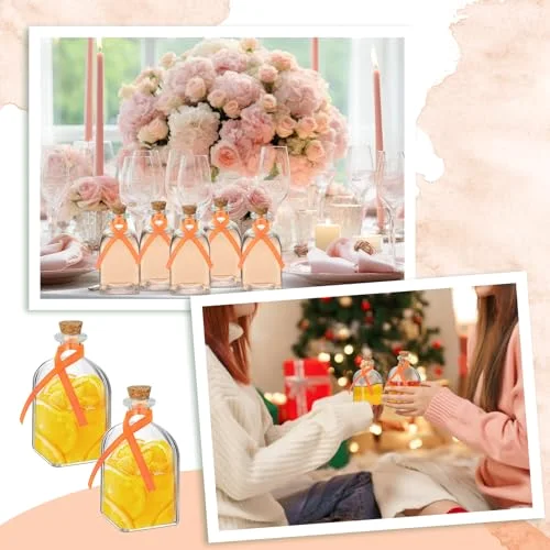 Glass Bottles with Cork and Straw Mini Empty Glass Bottle for Drinks Reusable Liquor Bottles with Silk Ribbon and Funnels for Cocktail, Wedding Party() view 5