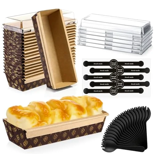 8 x 2.5 Inches 1lb Paper Loaf Pan with Lids and Plastic Spoons Sealing Sticker Disposable Paper Baking Pan Mold for Cake Bread Oven Loaf Bakery