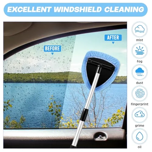 Windshield Cleaner Tool Car Window Cleaning Supplies with Extendable Handle Include 6 Washable Microfiber Bonnets 2 Empty Spray Bottle Glass Wiper Kit() view 9