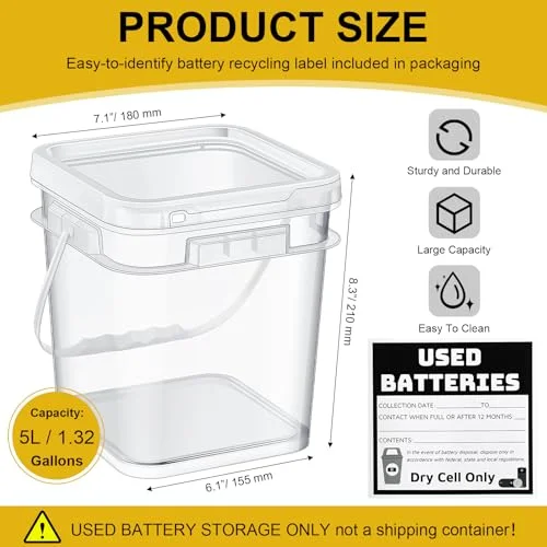 Battery Recycling Disposal Container with Label, Transparent view 2