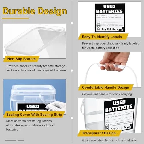 Battery Recycling Disposal Container with Label, Transparent view 3