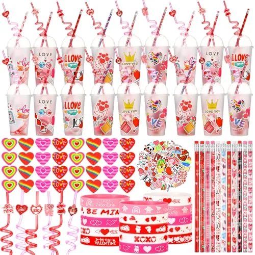 Valentines Day Stationery Gifts Set Valentine Axolotl Dog Goodie Bag Fillers Heart Eraser Pencils Silicone Bracelet for Exchange Gift Party Favors Prizes Rewards(Love)