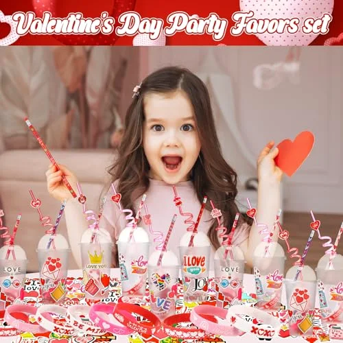 Valentines Day Stationery Gifts Set Valentine Axolotl Dog Goodie Bag Fillers Heart Eraser Pencils Silicone Bracelet for Exchange Gift Party Favors Prizes Rewards(Love) view 2