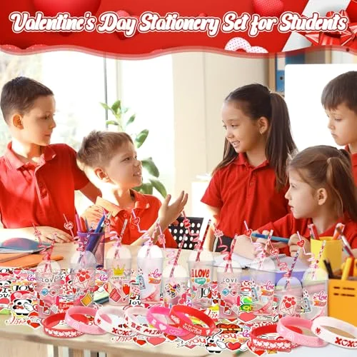 Valentines Day Stationery Gifts Set Valentine Axolotl Dog Goodie Bag Fillers Heart Eraser Pencils Silicone Bracelet for Exchange Gift Party Favors Prizes Rewards(Love) view 4