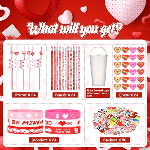 Valentines Day Stationery Gifts Set Valentine Axolotl Dog Goodie Bag Fillers Heart Eraser Pencils Silicone Bracelet for Exchange Gift Party Favors Prizes Rewards(Love) view 5