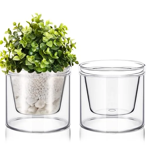 Self Watering Pot for Indoor Plants Glass Planter Small Plant Pot with Saucer Reservoir Drainage Holes Bottom Watering Pot for African Violet Orchid Flowers Houseplant