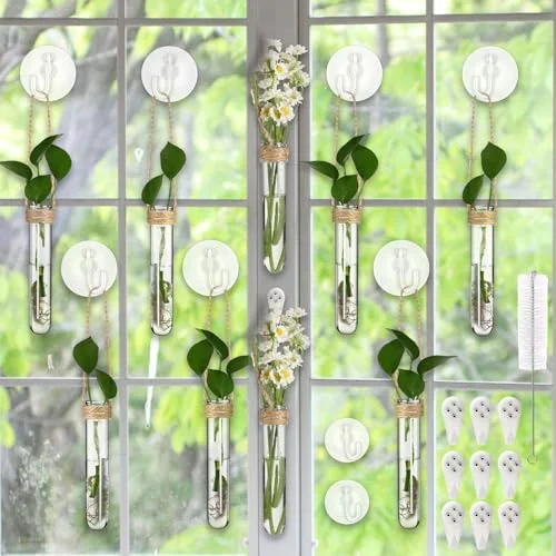 Window Propagation Stations Plastic Window Planter with Suction Cups & Traceless Nails, Propagated Plant Holders with Bottle Brush, Hanging Vases Terrarium Gift (5.5''& 5"& 3.7'') view 6