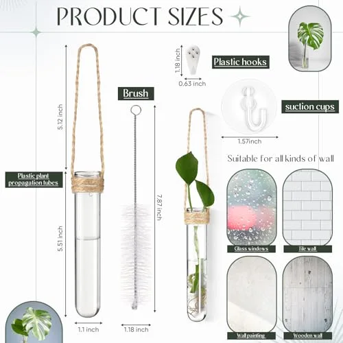 Window Propagation Stations Plastic Window Planter with Suction Cups & Traceless Nails, Propagated Plant Holders with Bottle Brush, Hanging Vases Terrarium Gift (5.5''& 5"& 3.7'') view 7