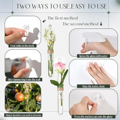 Window Propagation Stations Plastic Window Planter with Suction Cups & Traceless Nails, Propagated Plant Holders with Bottle Brush, Hanging Vases Terrarium Gift (5.5''& 5"& 3.7'') view 8