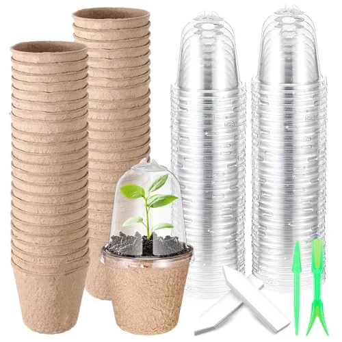 Biodegradable Nursery Pots with 30 Humidity Dome and 30 Labels, 3.15" Plant Nursery Seed Starter Planter Biodegradable Peat Pots for Planting Seedlings, Vegetables (Round)