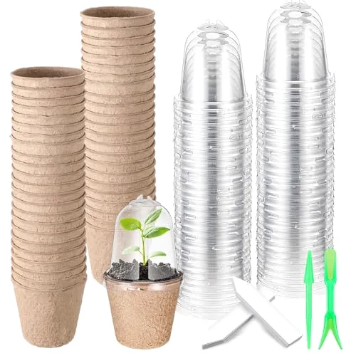 Biodegradable Nursery Pots with 30 Humidity Dome and 30 Labels, 2.36" Plant Nursery Seed Starter Planter Biodegradable Peat Pots for Planting Seedlings, Vegetables (Round)
