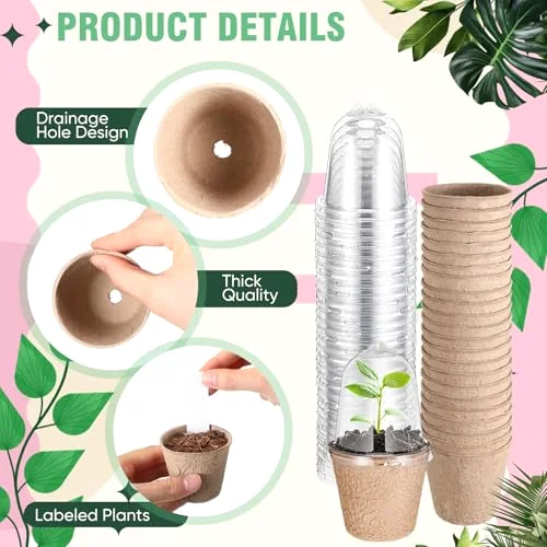 Biodegradable Nursery Pots with 30 Humidity Dome and 30 Labels, 2.36" Plant Nursery Seed Starter Planter Biodegradable Peat Pots for Planting Seedlings, Vegetables (Round) view 3