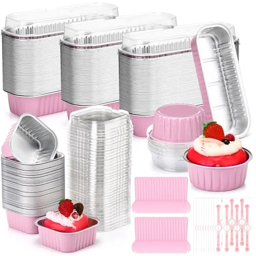 Mini Loaf Pans with Lids Disposable Ramekins Aluminum Foil Cake Baking Cups Round Rectangle Square Cupcake Sealing Sticker and Spoons for Flan Muffin Dessert Party Favors