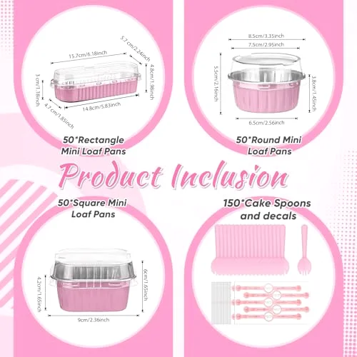 Mini Loaf Pans with Lids Disposable Ramekins Aluminum Foil Cake Baking Cups Round Rectangle Square Cupcake Sealing Sticker and Spoons for Flan Muffin Dessert Party Favors view 2