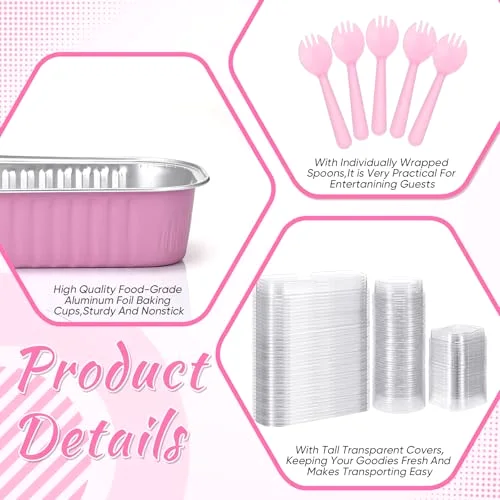 Mini Loaf Pans with Lids Disposable Ramekins Aluminum Foil Cake Baking Cups Round Rectangle Square Cupcake Sealing Sticker and Spoons for Flan Muffin Dessert Party Favors view 3