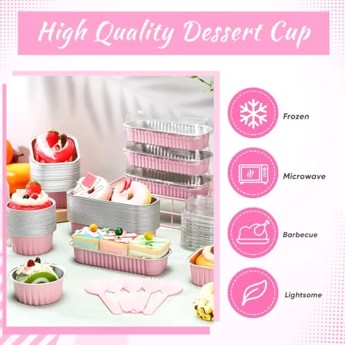 Mini Loaf Pans with Lids Disposable Ramekins Aluminum Foil Cake Baking Cups Round Rectangle Square Cupcake Sealing Sticker and Spoons for Flan Muffin Dessert Party Favors view 4